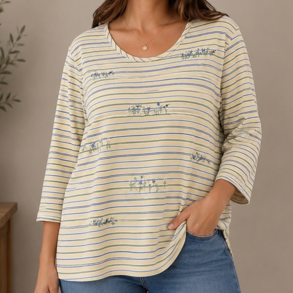 Koret Francisca 2X Striped Embroidered Cottagecore Coastal Grandma Cotton Top
